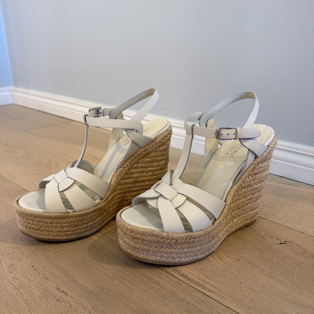 Saint Laurent Tribute Espadrille Wedge in Porcellana (White/Cream) - Picture 2 of 9
